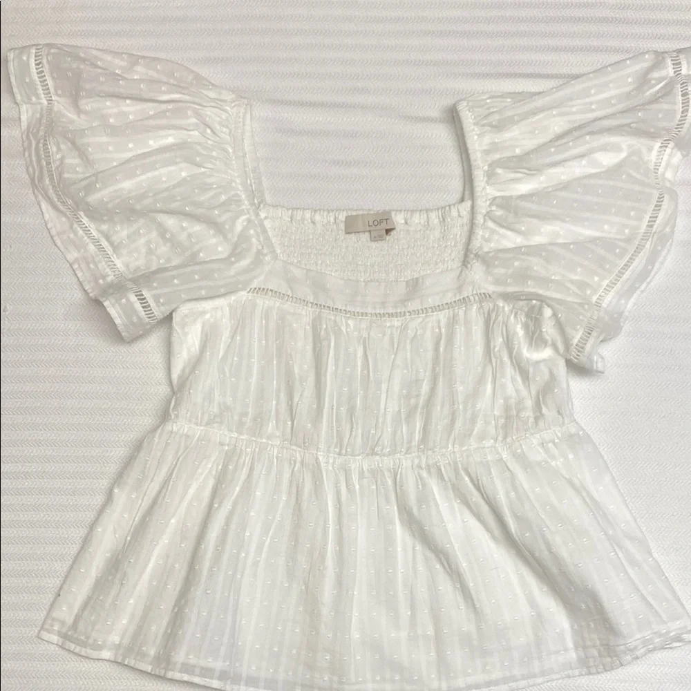 LOFT Blouse Ruffle Puff Sleeve Smocked Swiss Dot Romantic Milkmaid White Medium